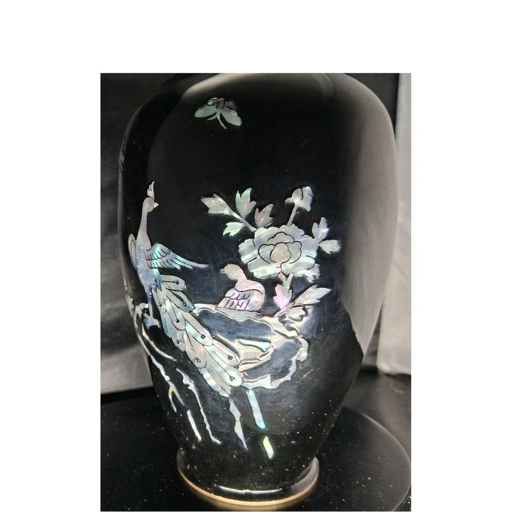 Vintage Brass, Black Enamel Mother of Pearl Inlay Peacock Vase Brass Trim 7.25in